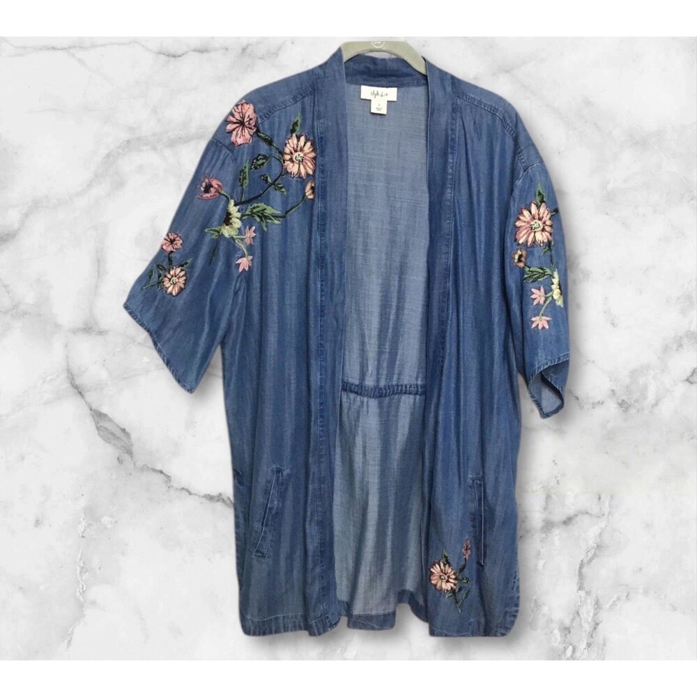 Style & Co Open Front Embroidered Kimono L Chambray Cardigan Duster Boho Artsy